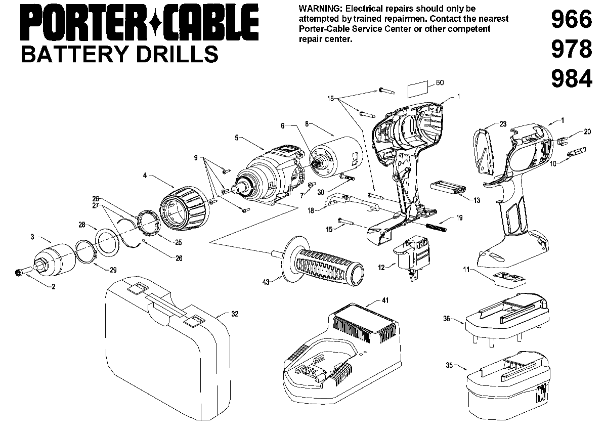 Default Diagram and Parts List for 9966 Type 1 Porter Cable Electric Drill